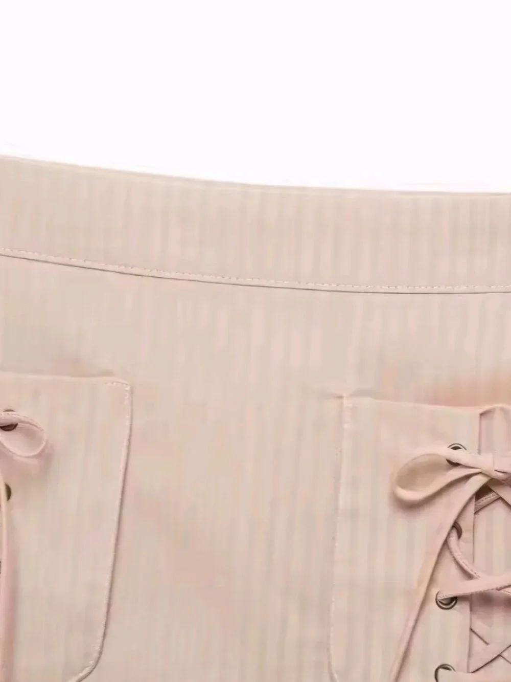 Women Elegant Pink Stripe Mini Skirt High Waist Bow Pocket Short Skirt Woman